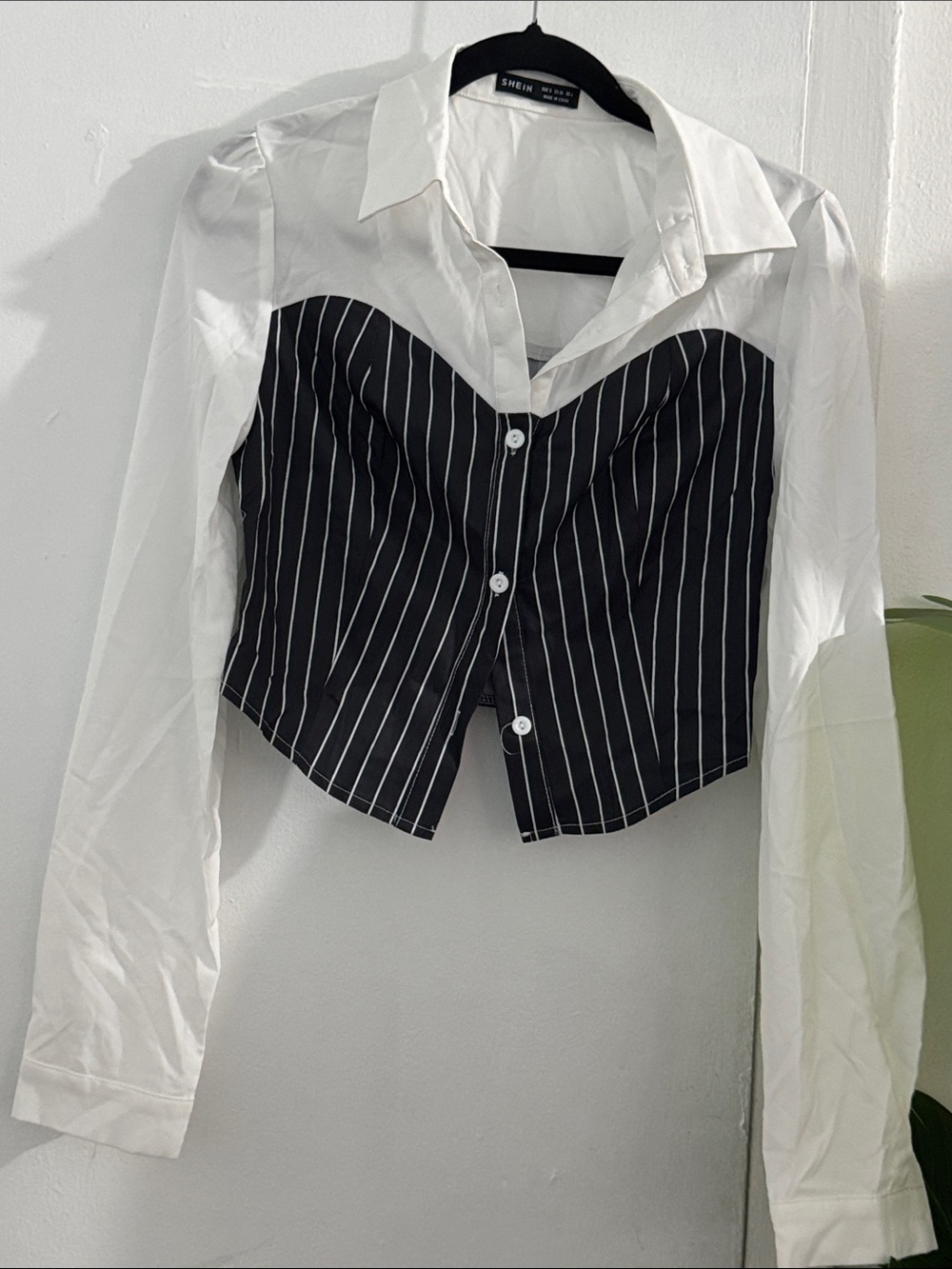 SHEIN White Button-Front Shirt with Black Pinstripe Bustier Overlay